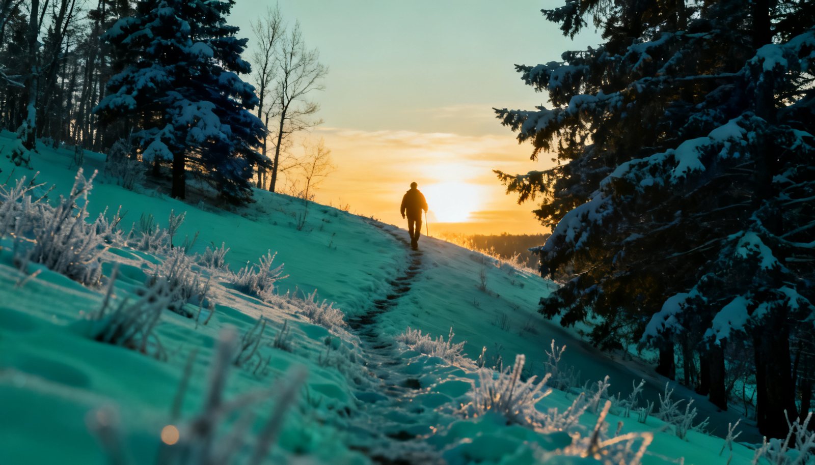 Sentier enneigé montant vers l’horizon au lever du soleil