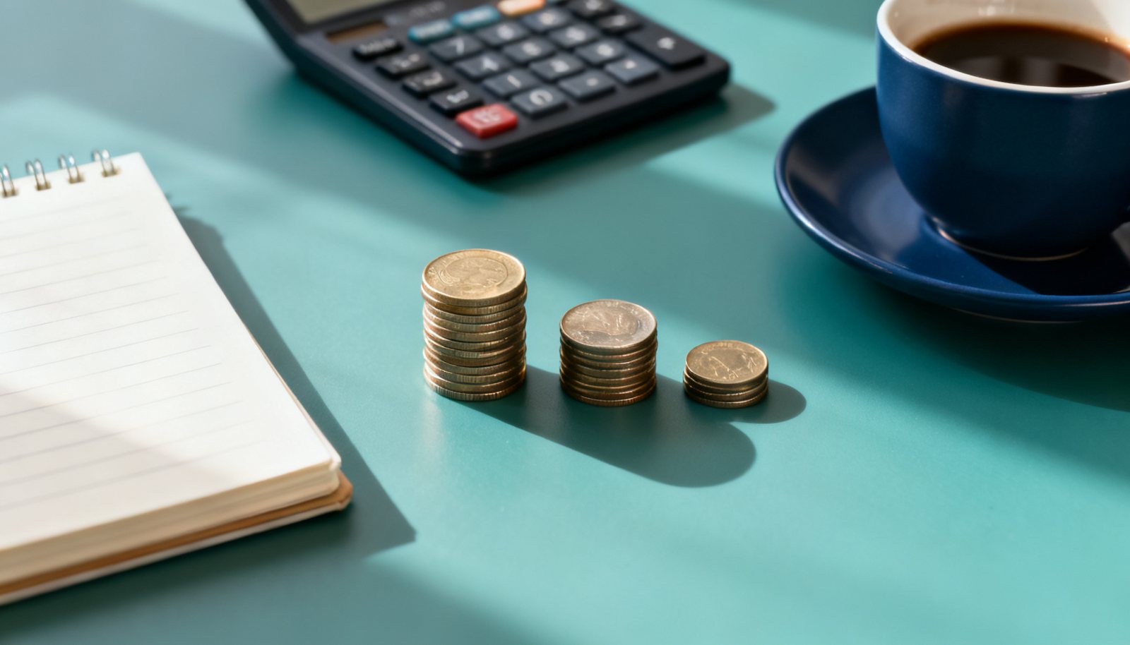 Bureau avec calepin, calculatrice et piles de pièces pour illustrer un budget