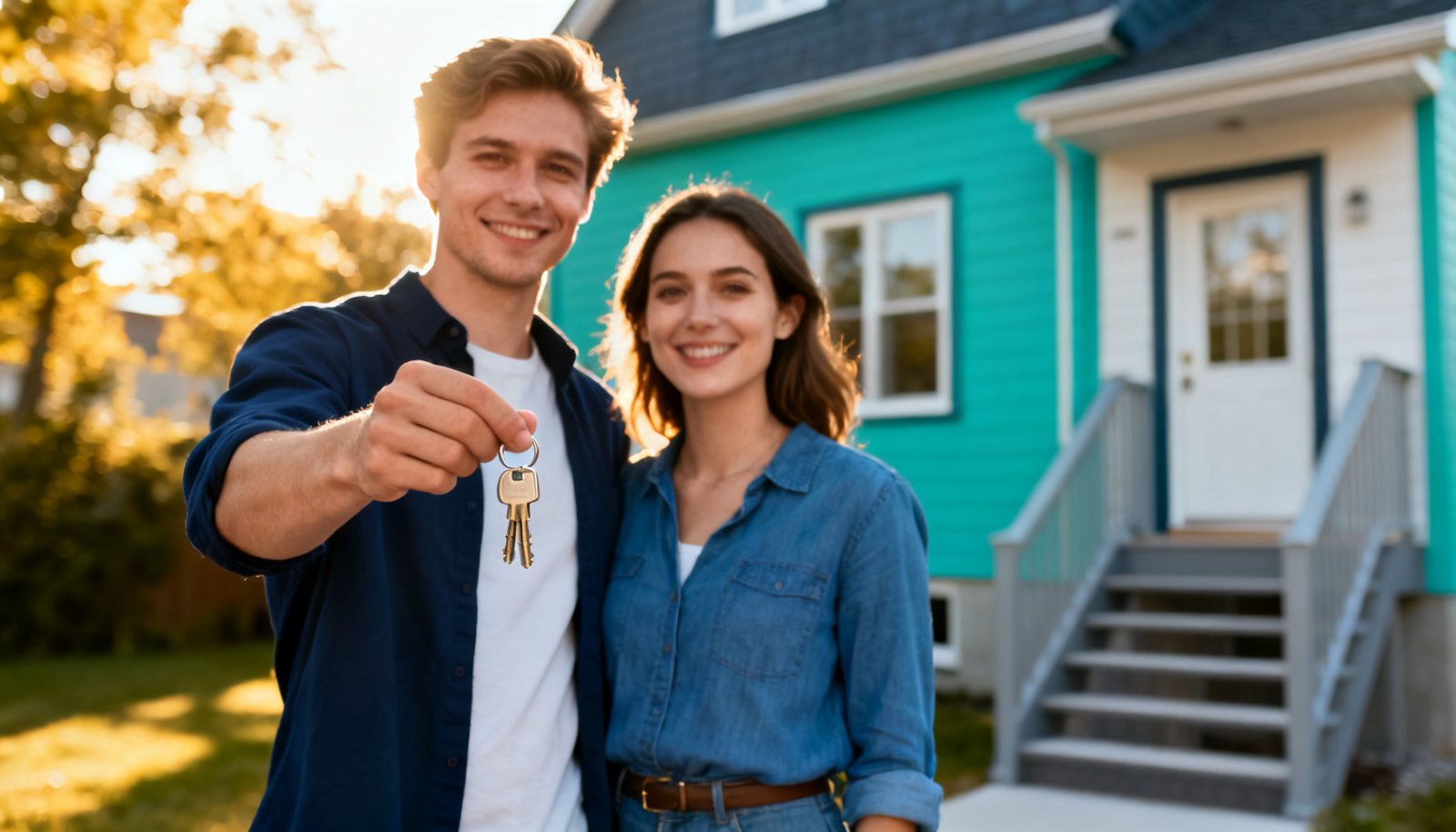 Couple qui tient des clés devant une maison québécoise avec escalier