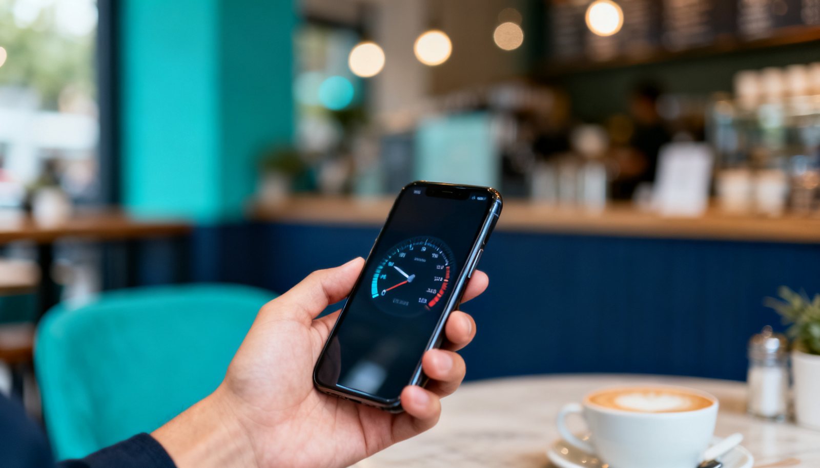 Main tenant un téléphone intelligent devant un café