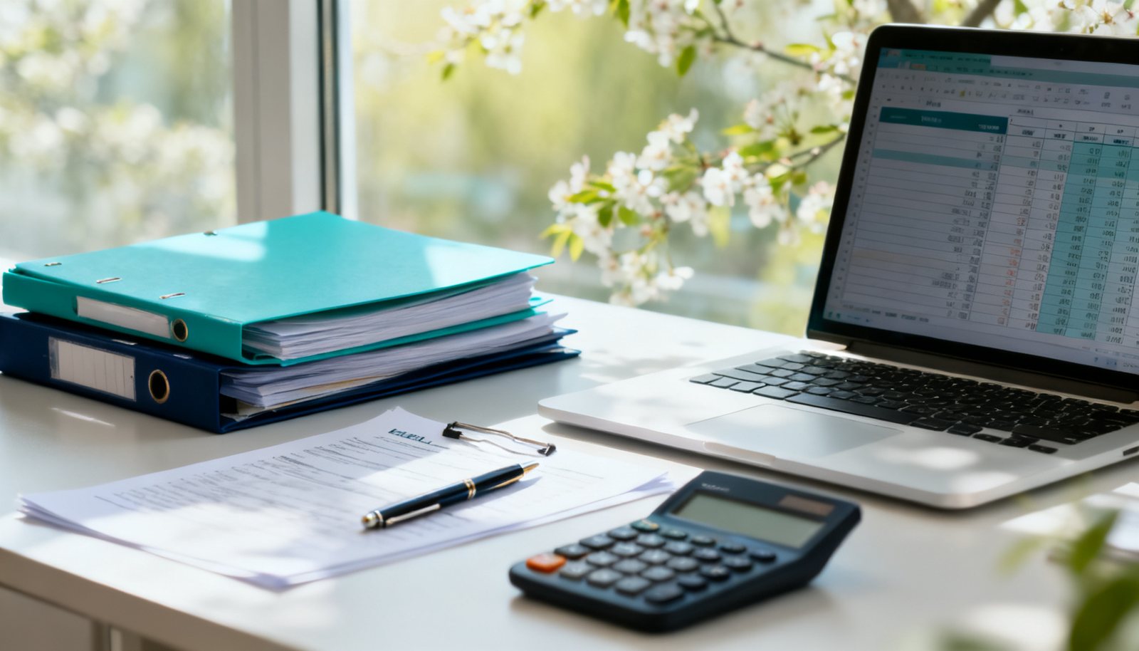 Bureau avec dossiers, calculatrice et ordinateur pour la saison des impôts