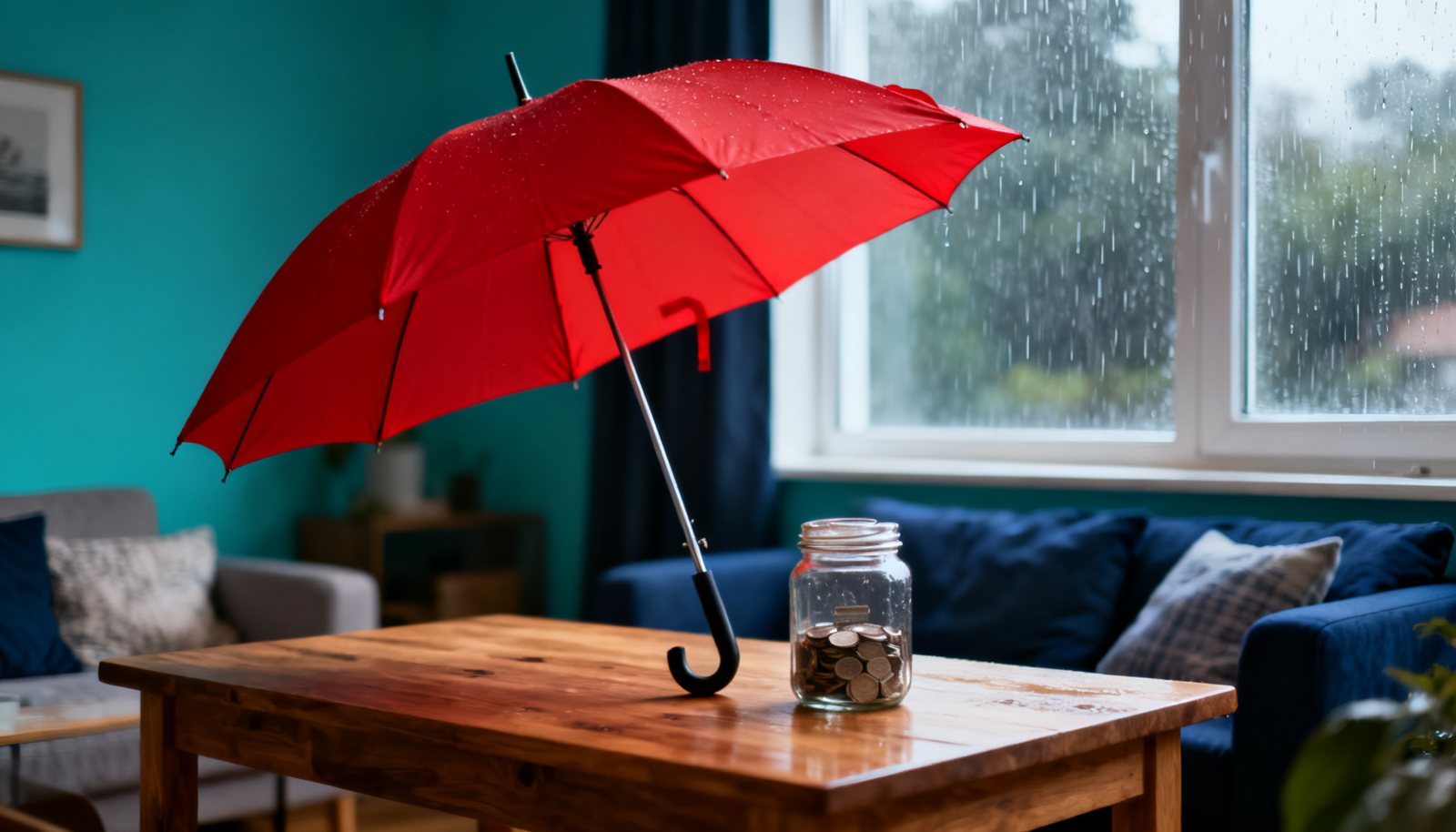 Parapluie rouge ouvert près d’un bocal d’économies