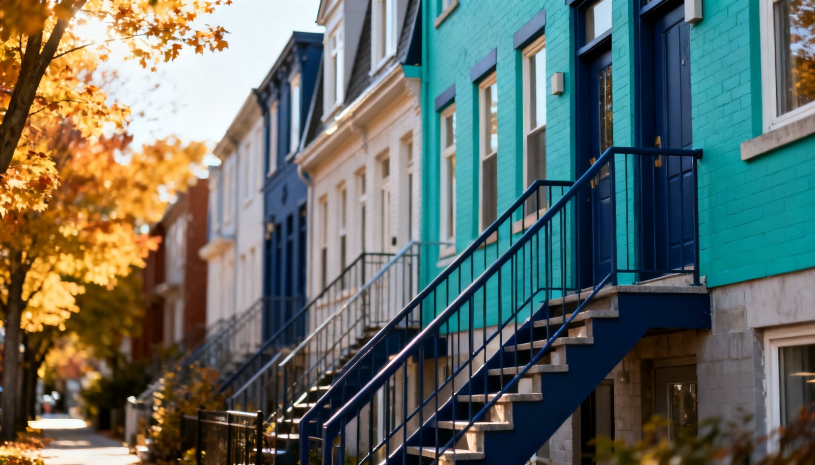 Rangée de triplex montréalais avec escaliers extérieurs en automne