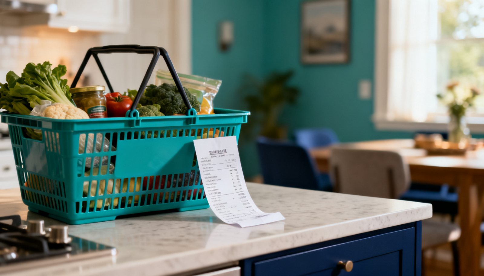 Panier d’épicerie sur un comptoir de cuisine à côté d’un reçu