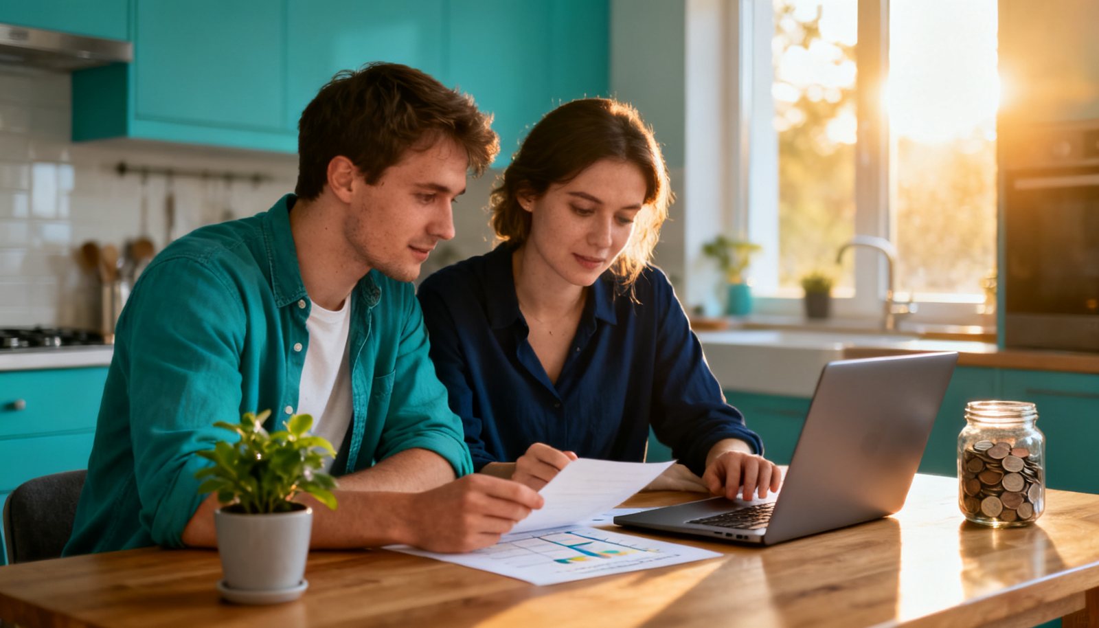 Un couple québécois examine des documents d’épargne à la table de cuisine