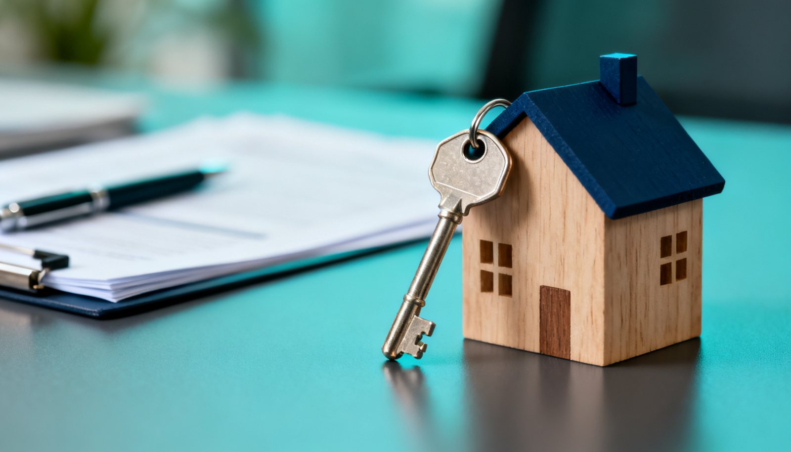 Clé posée sur une petite maison en bois avec des documents en arrière-plan
