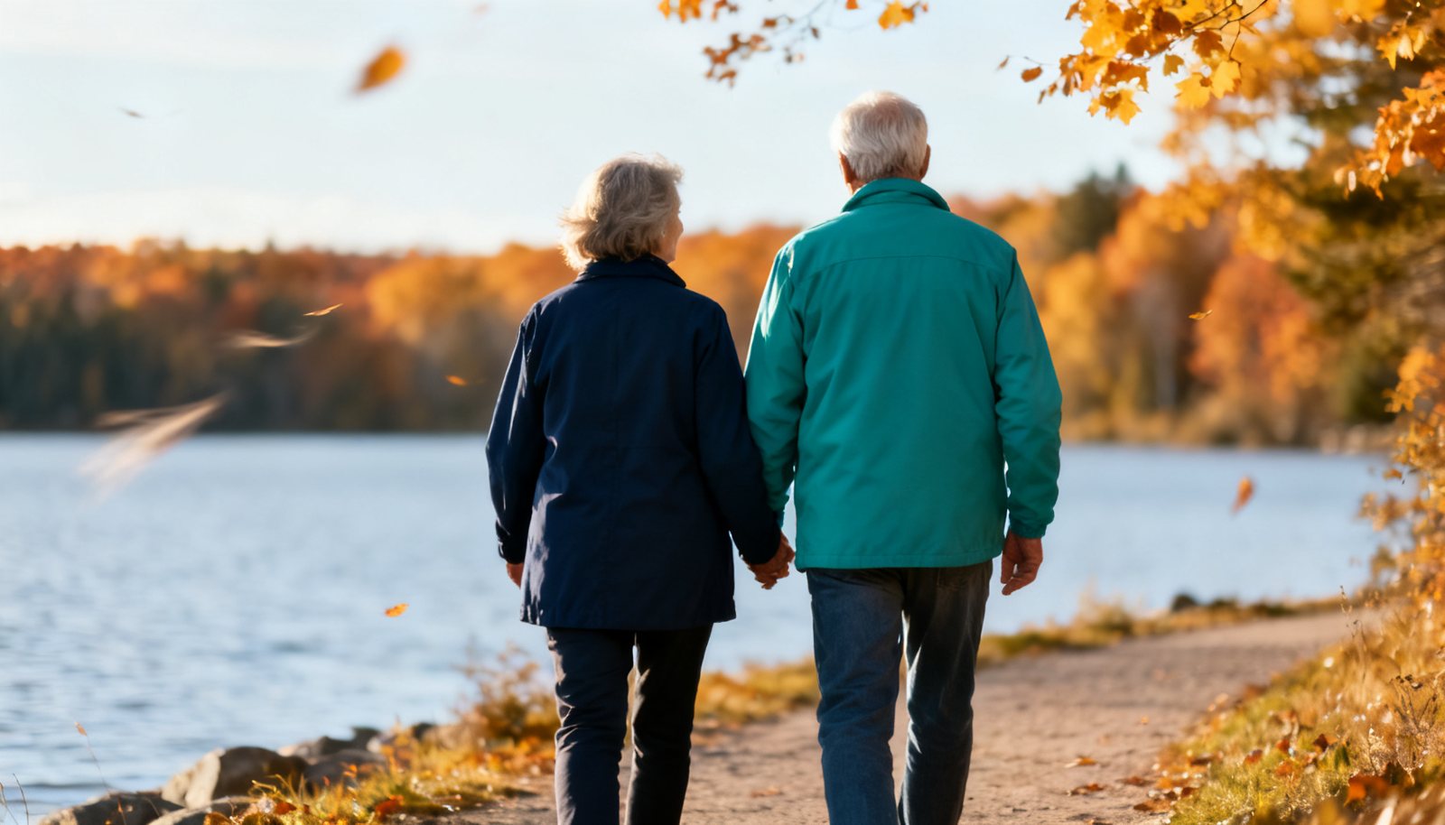 Couple de retraités marchant le long d’un lac à l’automne